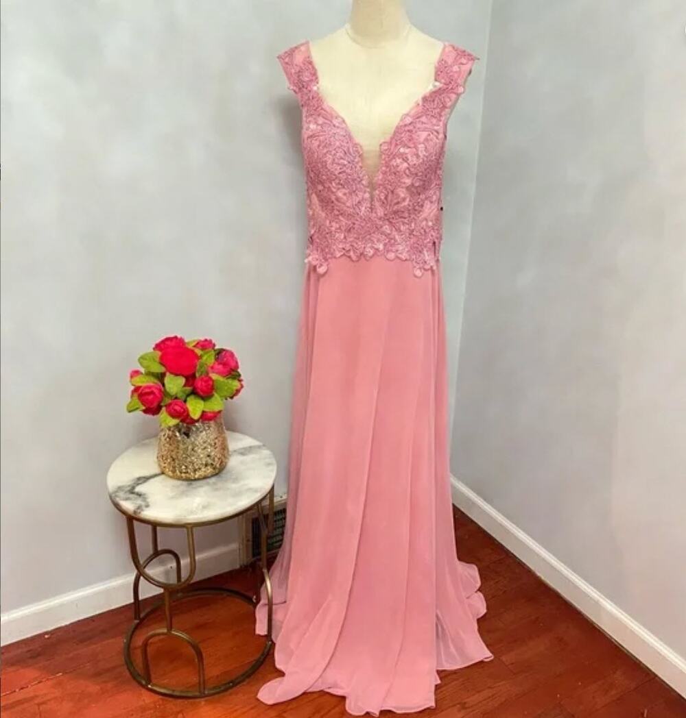 Camilla La Vie Rose Pink V-Neck Embroidered Lace Top Chiffon Gown- Size 12 - NWT